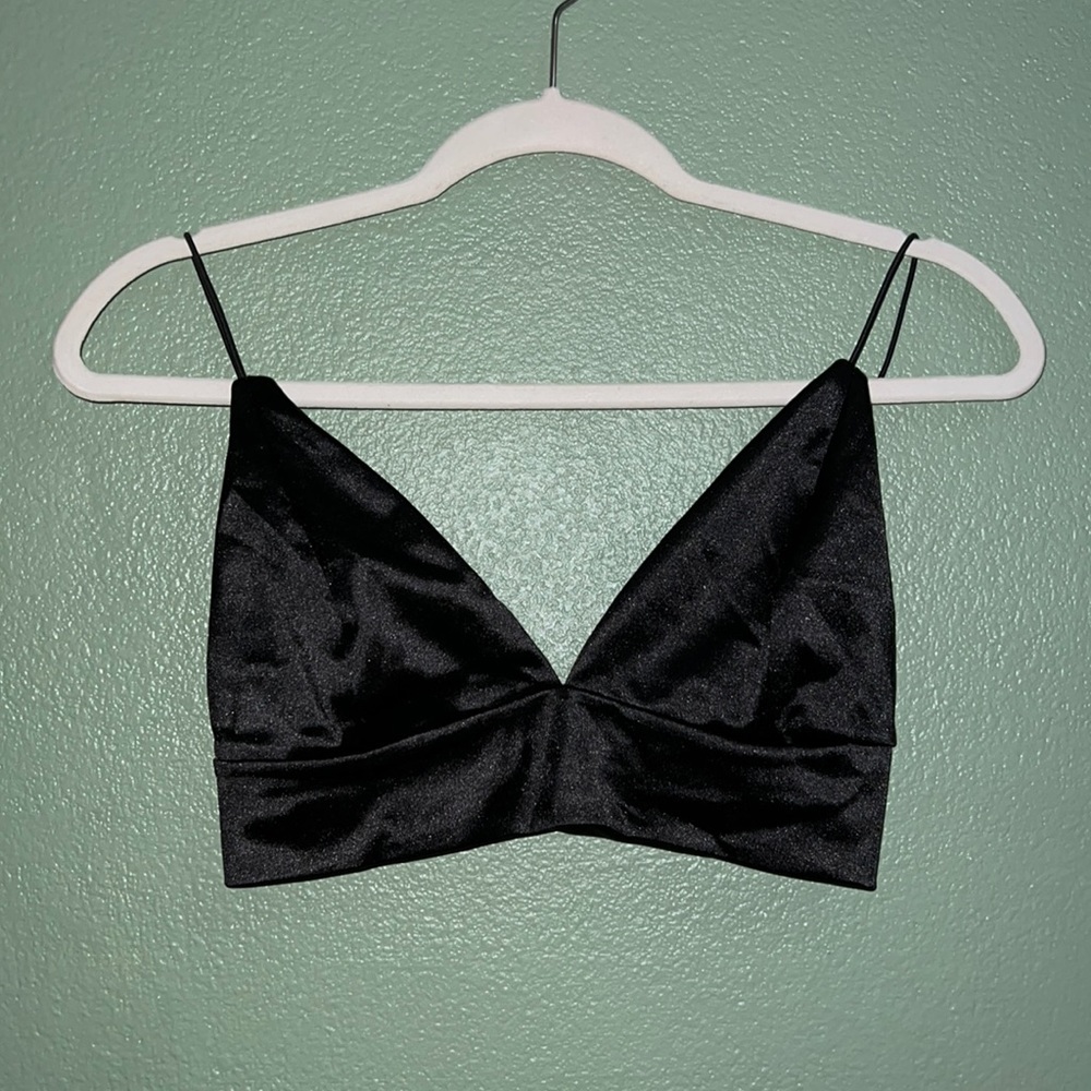 black bralette crop top satin shirt